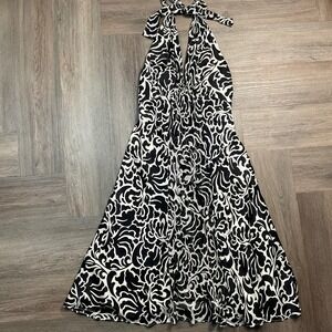 White House Black Market Halter Dress Womens 0 Black White Floral‎ Midi Silk Y2K